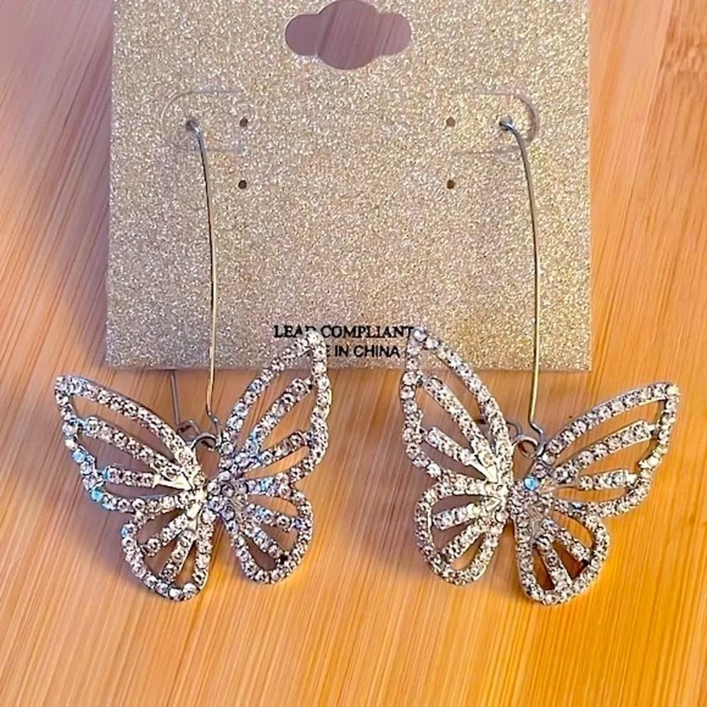 Brand New Natasha Rhinestone Butterfly Silver Tone Drop Earrings Sparkly